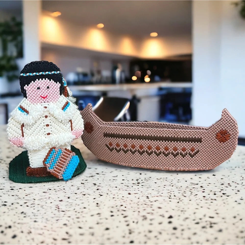 Vintage Handmade Needlepoint Thanksgiving Holiday Decor Indian w/Drum and Canoe